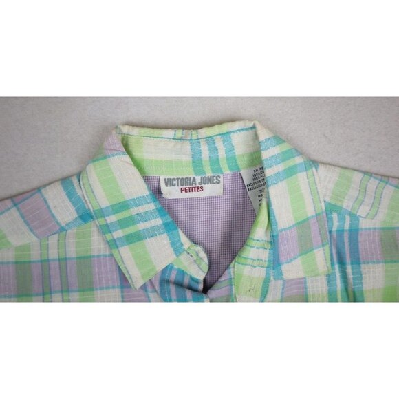 VICTORIA JONES - WOMEN'S BLUE & GREEN PLAID SHORT SLEEVE BUTTON-UP TOP - SIZE PS - Picture 4 of 8